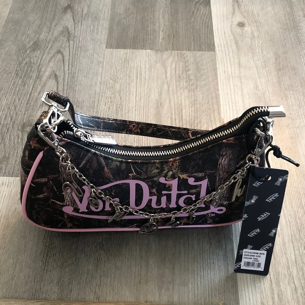 Von Dutch Tree Camo Shoulder Bag Pink Logo & Von Dutch Logo Chain Accent NWT - Picture 3 of 16